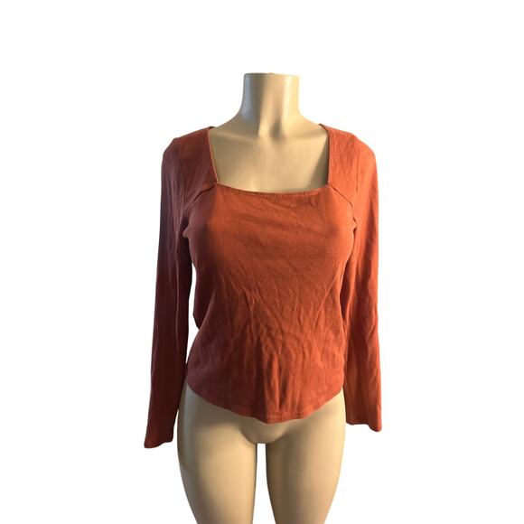 Women S Anthropologie T.La Ribbed Square-Neck Top Rust Long Sleeved Tee T-Shirt - Picture 2 of 6